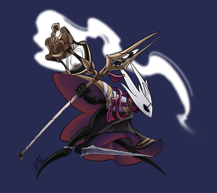 4_fingers ambiguous_gender anthro baton black_body black_cape black_clothing blue_background cape clothing crouching featureless_feet feet fingers furgonomics furry-specific_piercing holding_baton holding_melee_weapon holding_object holding_sword holding_weapon horn horn_piercing lamp looking_away magic magic_user mask melee_weapon multi_horn obscured_eyes piercing simple_background smoke solo standing sword weapon white_mask x_marking mebi hollow_knight team_cherry fan_character arthropod insect vessel_(species) 2023 absurd_res colored hi_res signature