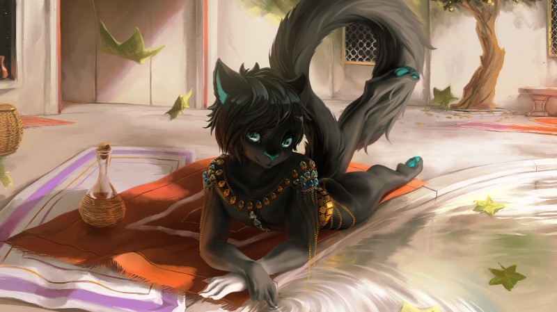 5_fingers anthro black_hair eyebrows eyelashes feet fingers hair jewelry male necklace pawpads solo toes fruitbloodmilkshake saamuel_sylvester domestic_cat felid feline felis mammal 2020 digital_media_(artwork) hi_res