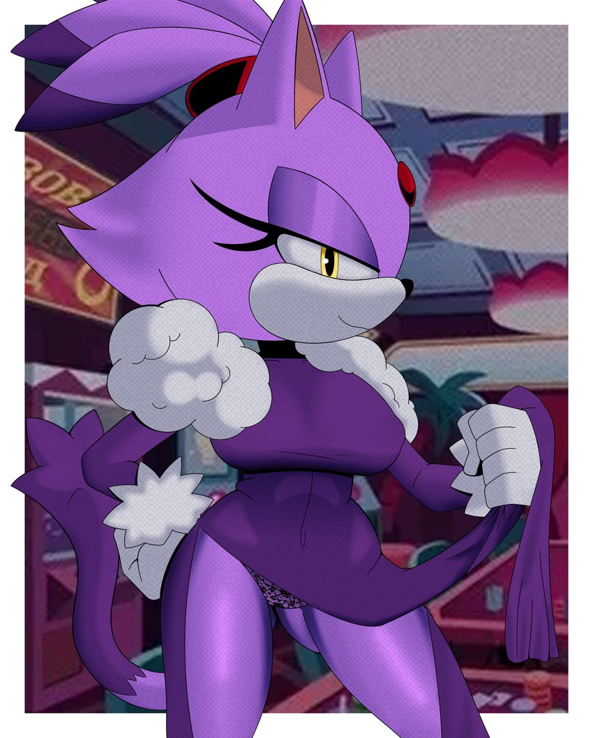 anthro big_breasts breasts clothed clothing clothing_lift dress dress_lift female looking_at_viewer panties panty_peek panty_shot simple_background smile solo tail thick_thighs underwear thecakeee sega sonic_the_hedgehog_(series) blaze_the_cat domestic_cat felid feline felis mammal 2024 absurd_res hi_res