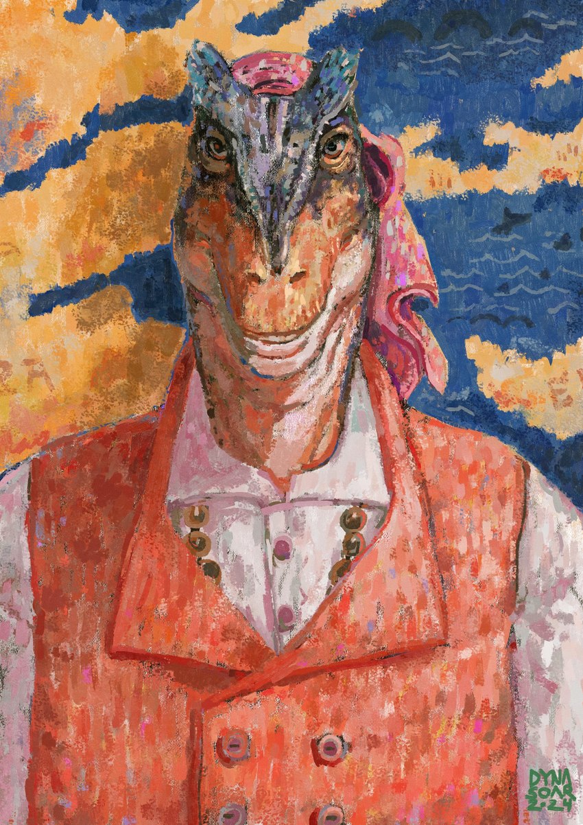 anthro blue_markings button_(fastener) clothed clothing collared_shirt grin headscarf impressionism jewelry looking_forward looking_offscreen male map markings necklace orange_body pink_clothing pointillism post-impressionism red_clothing red_topwear red_vest smile smirk solo topwear vest white_clothing dyna_soar allosaurid allosaurus dinosaur prehistoric_species reptile scalie theropod 2024 digital_media_(artwork) digital_painting_(artwork) half-length_portrait hi_res portrait signature wallpaper