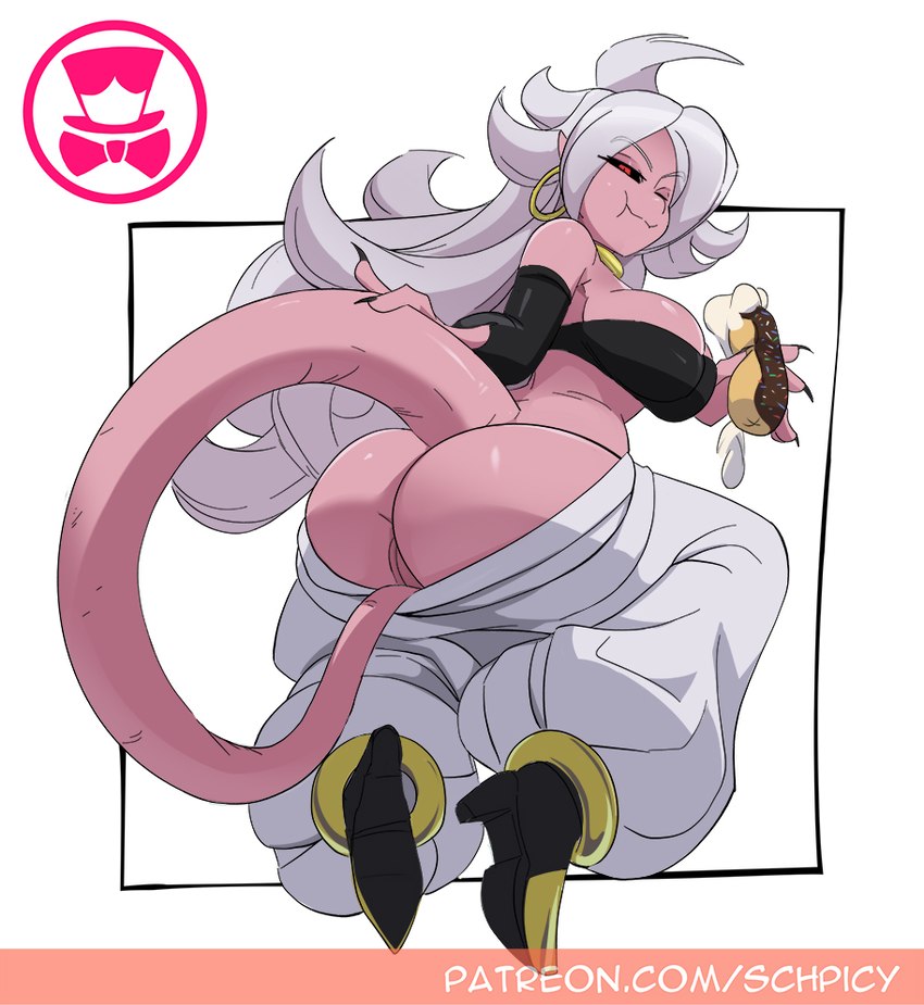 andoid_21 big_butt black_sclera boots breasts butt clothed clothing dessert eclair female food footwear genitals hair high_heeled_boots high_heels logo panties pastry pink_body pussy red_eyes shoes solo tail text underwear white_hair schpicy dragon_ball dragon_ball_fighterz majin_android_21 humanoid majin 2022 artist_logo url