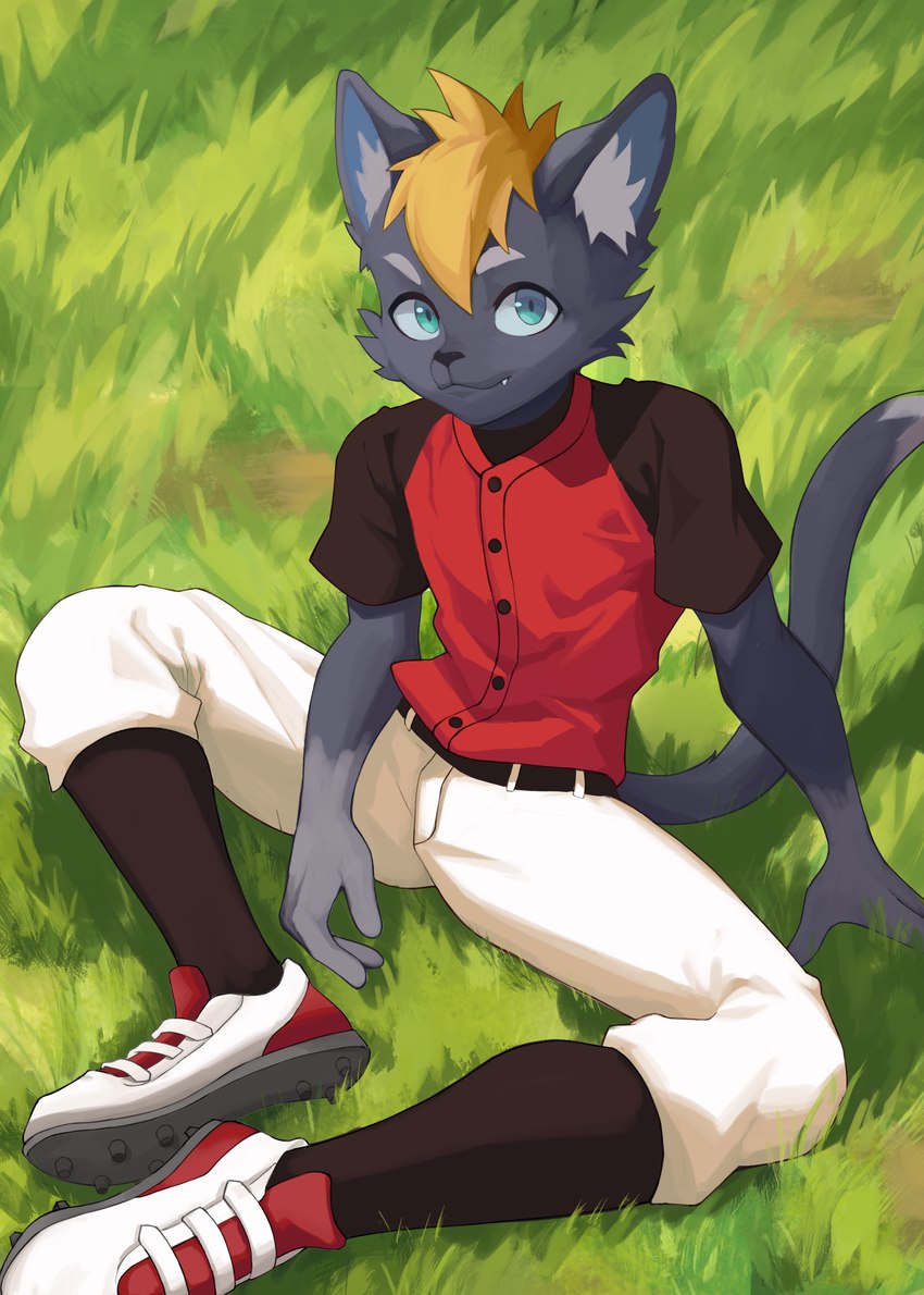 anthro biped clothed clothing eyebrows fingers footwear fur grass inner_ear_fluff kemono male plant shirt shoes solo tail topwear tuft young young_anthro young_male tanukix3 domestic_cat felid feline felis mammal absurd_res hi_res