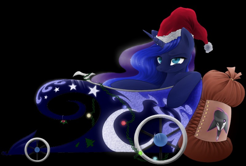 blue_hair chariot_(vehicle) christmas_clothing christmas_decorations christmas_headwear christmas_lights clothing female hair hat headgear headwear holidays holly_(plant) horn plant sack santa_hat simple_background smile solo string_lights transparent_background rouletteobsidian christmas friendship_is_magic hasbro my_little_pony mythology princess_luna_(mlp) equid equine mammal mythological_creature mythological_equine unicorn 2012 alpha_channel