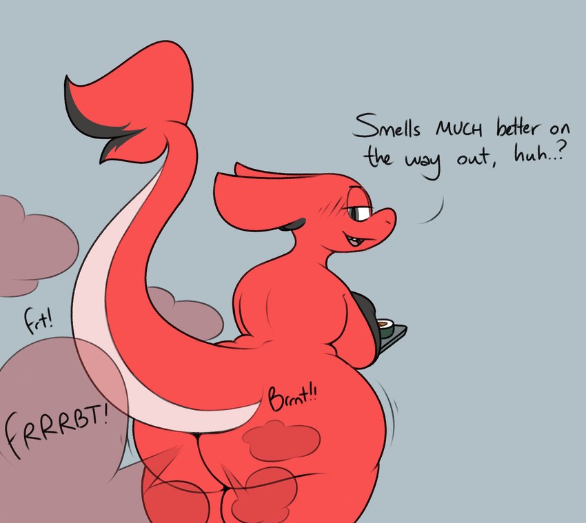 anthro big_butt big_tail blush blush_lines butt butt_jiggle dialogue fart fart_cloud fart_fetish food hyper hyper_fart jiggling looking_at_viewer looking_back looking_back_at_viewer male overweight presenting presenting_hindquarters raised_tail red_fart solo sound_effects sushi tail teasing teasing_viewer text thick_thighs tray conditional_dnp verdantphysician litho_(verdantphysician) fish marine hi_res