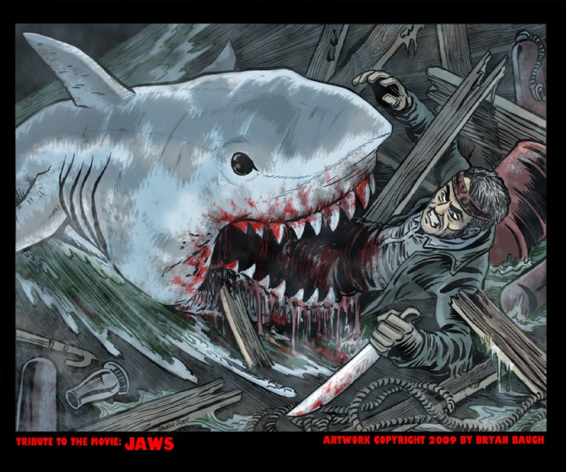 accessory black_eyes blood boat bodily_fluids duo eating feral gore grey_body grey_hair grey_scales hair hard_vore headband human_prey imminent_death male melee_weapon rope scales sword vehicle vore watercraft weapon wood bryanbaugh jaws_(film) universal_studios bruce_the_shark quint_(jaws) fish human mammal marine shark