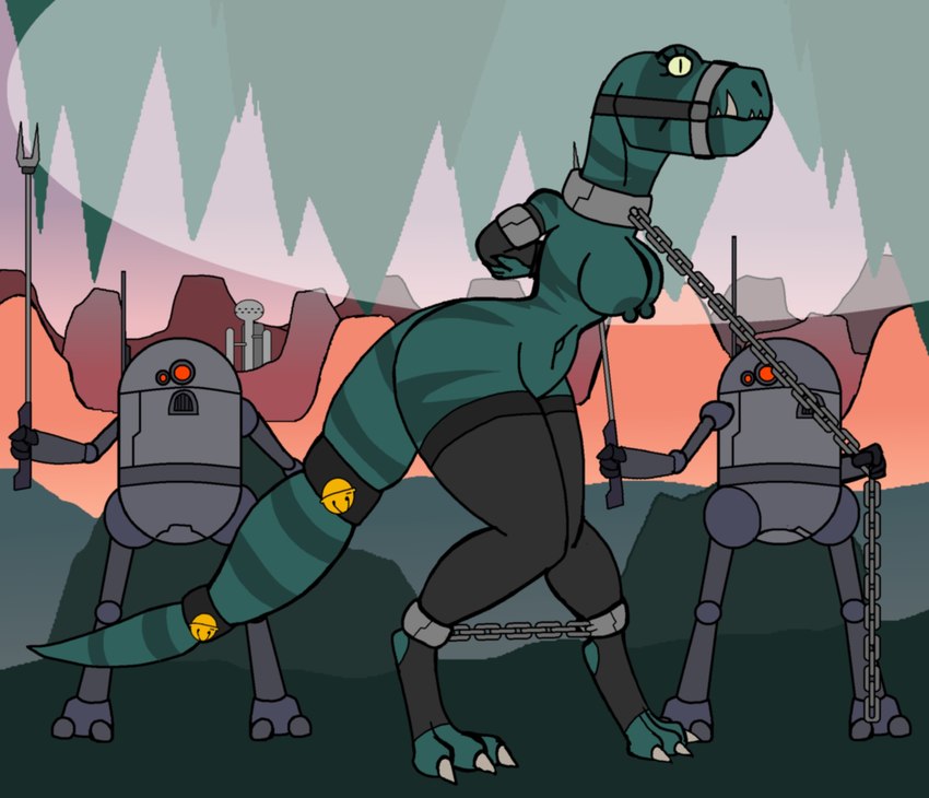 anthro anthrofied areola bdsm bondage bound breasts chain collar female group machine primal nidrog primal_(series) fang_(primal) dinosaur prehistoric_species reptile robot scalie theropod tyrannosaurid tyrannosauroid tyrannosaurus tyrannosaurus_rex hi_res