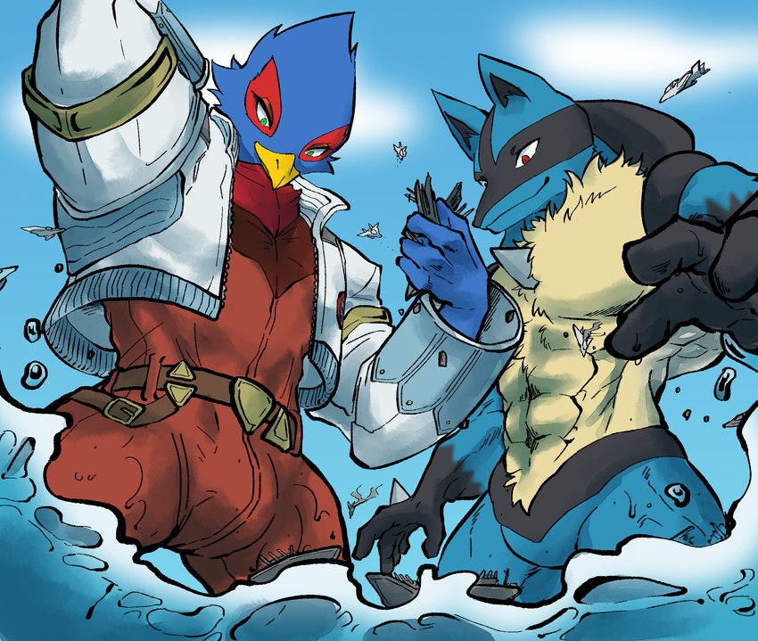 abs aircraft airplane ambiguous_gender anthro beak blue_body clothing destruction duo jet macro male pecs sea ship spines vehicle water watercraft ryeono_kemo nintendo pokemon star_fox falco_lombardi avian canid canine generation_4_pokemon lucario mammal pokemon_(species) hi_res