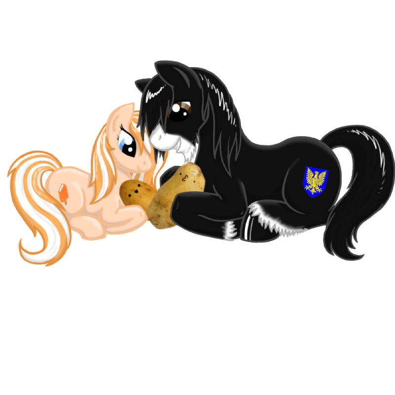 black_hooves blue_eyes brown_eyes creamsicle cutie_mark female feral food group hooves male o3o plant potato romantic romantic_couple smile tail vegetable jeroba_(artist) hasbro my_little_pony dreamsicle_swirl fan_character kraa equid equine horse mammal pony 1:1