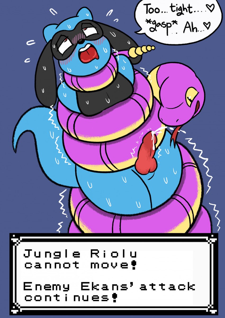 ambiguous_gender anthro bodily_fluids coiling duo ejaculation feral genitals male penis speech_bubble squeezing sweat text text_box rlyshypanda nintendo pokemon ekans generation_1_pokemon generation_4_pokemon pokemon_(species) reptile riolu scalie snake english_text hi_res