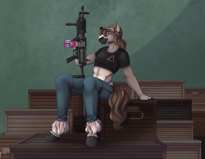 anthro bottomwear brown_eyes brown_hair camo camo_clothing camo_hat camo_headgear camo_headwear camo_print clothing crate crop_top denim denim_bottomwear denim_clothing femboy fetlocks fur grey_body grey_fur hair hat headgear headwear holding_object holding_weapon hooves jeans light_machine_gun looking_at_viewer male markings pants pattern_clothing pattern_hat pattern_headgear pattern_headwear shirt sitting solo stoner_96 stoner_rifle topwear visible_underwear weapon white_markings pascalthepommie knights_armament dallas_prairiewind equid equine horse mammal absurd_res hi_res