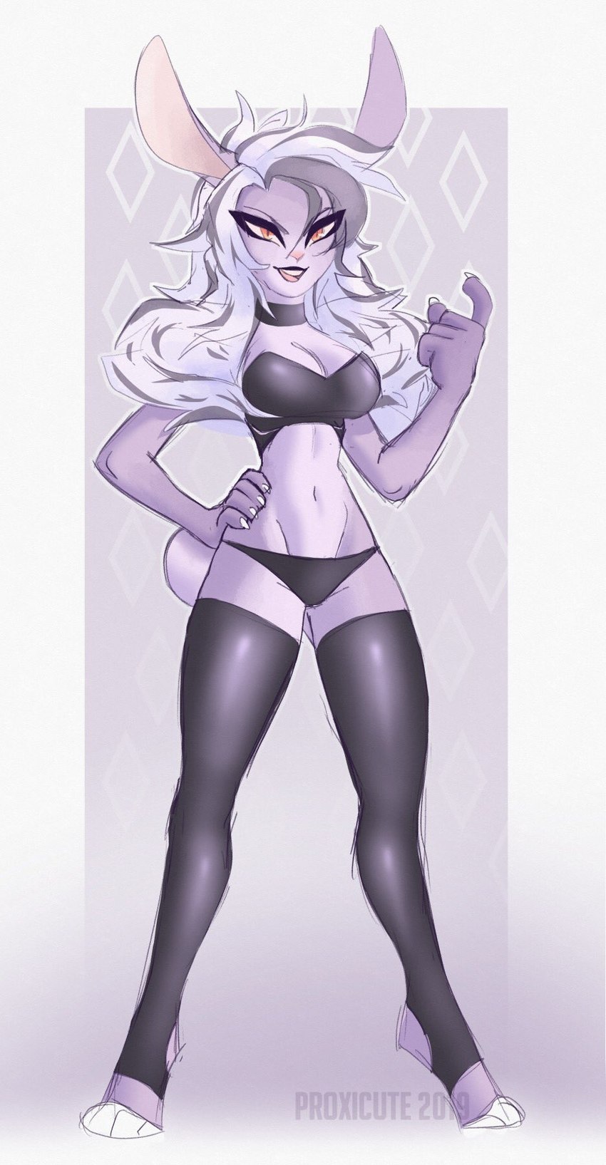 abstract_background anthro beckoning bra clothing digitigrade female fur gesture hair legwear mostly_nude purple_body purple_fur small_waist smile solo strapless_bra strapless_clothing strapless_underwear teeth thigh_highs underwear white_hair proxicute royce_(proxicute) lagomorph leporid mammal rabbit 2019 hi_res