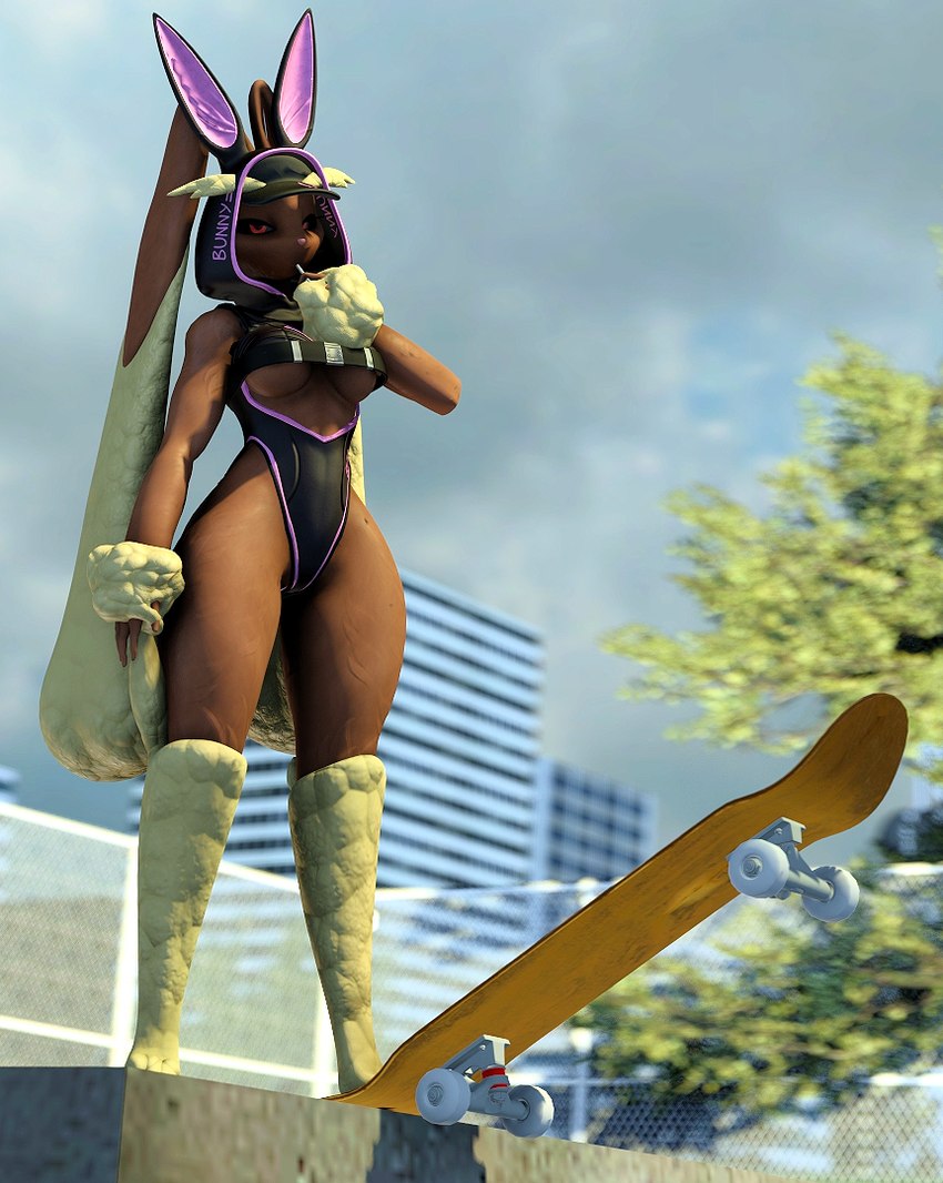 anthro big_ears black_sclera breasts brown_body brown_fur candy clothed clothing dessert detailed_background female fingers floppy_ears food fur leotard lollipop long_ears looking_at_viewer multicolored_body multicolored_fur outside red_eyes skateboard skater skimpy solo two_tone_body two_tone_fur under_boob vehicle yellow_body yellow_fur viper-desires nintendo pokemon generation_4_pokemon lopunny pokemon_(species) 2023 3d_(artwork) digital_media_(artwork) source_filmmaker_(artwork)