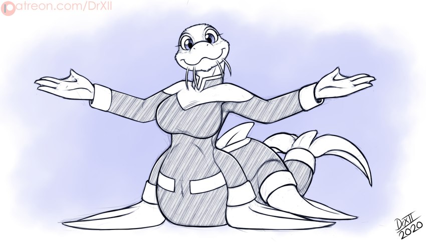 breasts clothing dorsal_fin female fin flippers fur looking_at_viewer membrane_(anatomy) simple_background smile solo tail uniform webbed_hands drxii mammal marine marine_taur taur 2020 7:4 digital_media_(artwork)