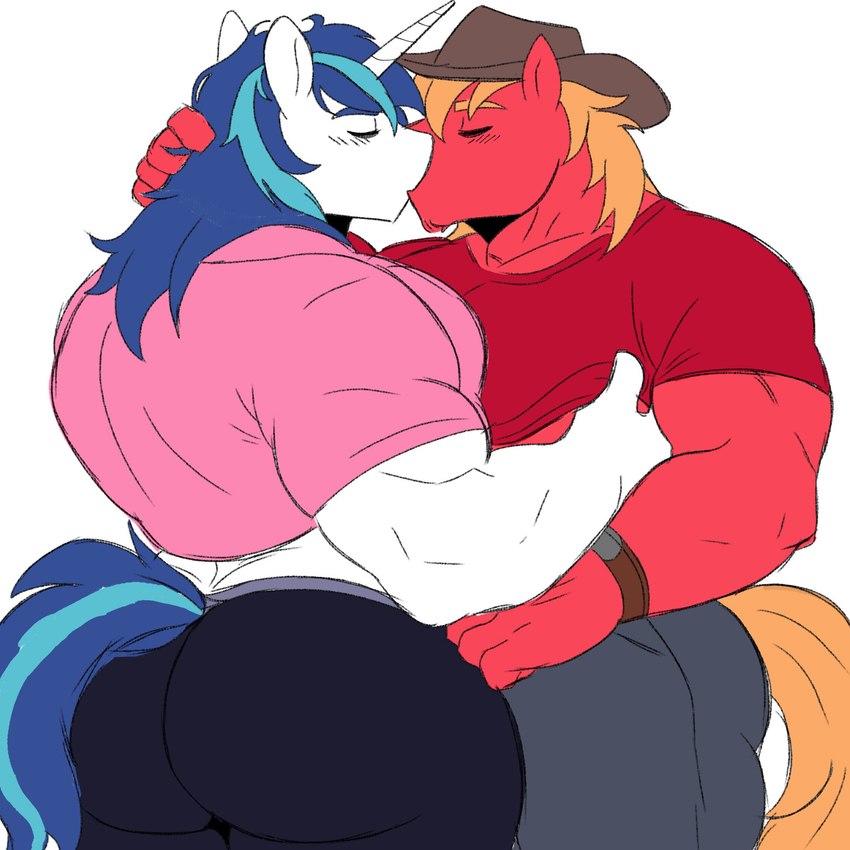 anthro big_butt blue_hair blush blush_lines butt butt_outline clothed clothing clothing_lift cowboy cowboy_hat duo eyes_closed hair hand_behind_head hat headgear headwear horn horse_tail kissing male male/male muscular muscular_male orange_hair red_body romantic romantic_couple shirt shirt_lift thick_thighs topwear unicorn_horn white_body yifforroarts friendship_is_magic hasbro my_little_pony mythology big_macintosh_(mlp) shining_armor_(mlp) equid equine horse mammal mythological_creature mythological_equine pony unicorn 2024 digital_drawing_(artwork) digital_media_(artwork) hi_res