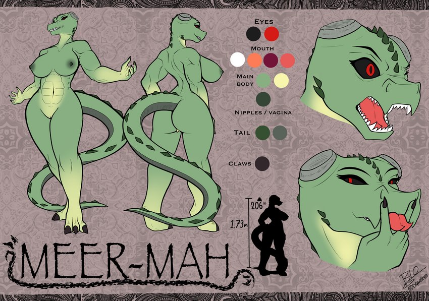 anthro breasts expressions female genitals pale_body pussy red_eyes solo text biobrony microsoft the_elder_scrolls meer-mah argonian scalie vampire absurd_res english_text hi_res model_sheet