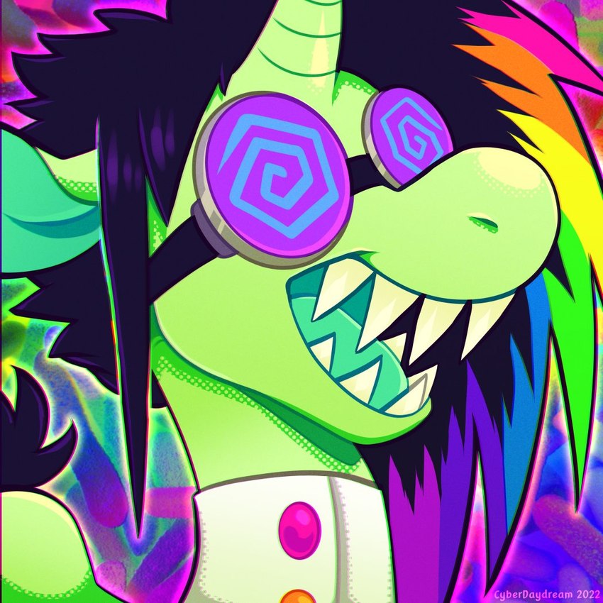 black_mane black_tail blue_background button_(fastener) clothing coat eyewear feral fur goggles green_body green_fur green_horn green_tongue highlights_(coloring) horn lab_coat light male male_feral mane medium_mane multicolored_highlights multicolored_mane open_mouth open_smile rainbow_highlights sharp_teeth simple_background smile solo tail teeth tongue topwear white_lab_coat chotpot mythology brain_freeze_(chotpot) fan_character equid equine mammal mythological_creature mythological_equine unicorn 1:1 2022 artist_name colored dated digital_drawing_(artwork) digital_media_(artwork) english_description icon lighting shaded nonbinary_(lore)