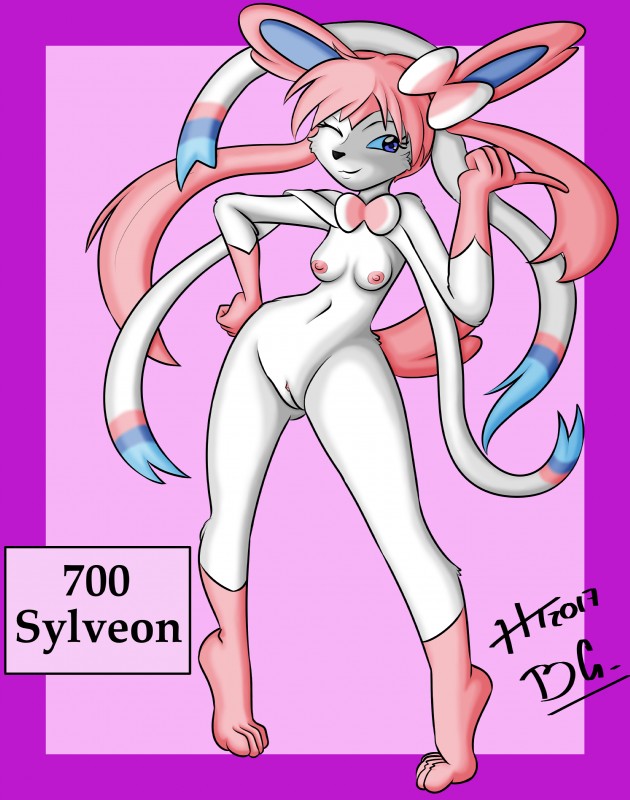 anthro anthrofied areola breasts caption_box clitoris female genitals id_number nipples nude number one_eye_closed pink_text_box pokedex_number pokemorph pussy small_breasts smile solo standing text text_box wink hitori09 nintendo pokemon kagami_hiiragi eeveelution generation_6_pokemon mammal pokemon_(species) sylveon 2018 absurd_res hi_res species_name