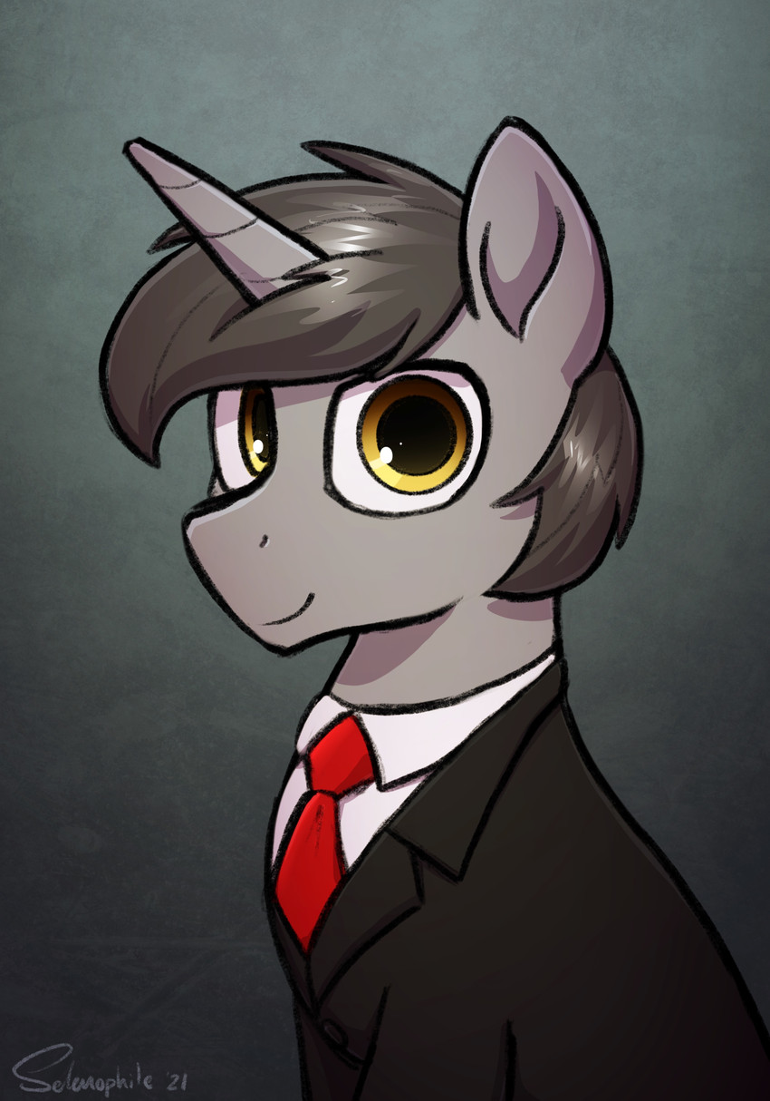 clothed clothed_feral clothing feral horn looking_at_viewer necktie smile solo unicorn_horn selenophile hasbro my_little_pony mythology fan_character equid equine mammal mythological_creature mythological_equine unicorn 2021 absurd_res hi_res signature