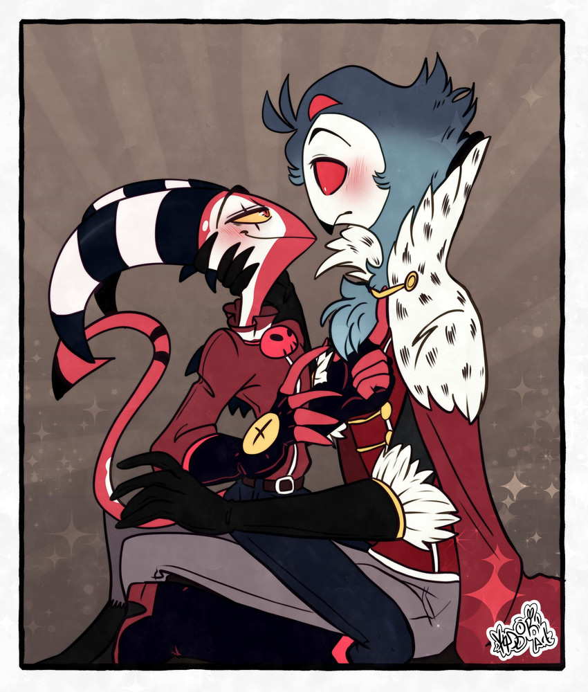 4_eyes anthro blush cape clothed clothing duo eye_contact gloves handwear holding_head looking_at_another male male/male multi_eye red_eyes sitting_on_another smile yaddoriart helluva_boss blitzo_(helluva_boss) stolas_(helluva_boss) avian bird demon imp owl 2020 absurd_res digital_media_(artwork) hi_res