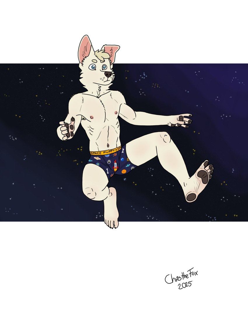 anthro astronaut blue_eyes bottomwear clothing cosmic_background cosmos feet floating foot_fetish foot_focus fur humanoid_feet looking_forward male nipple_piercing nipples pants pants_only piercing plantigrade solo star white_body white_fur bartek22 hi_res