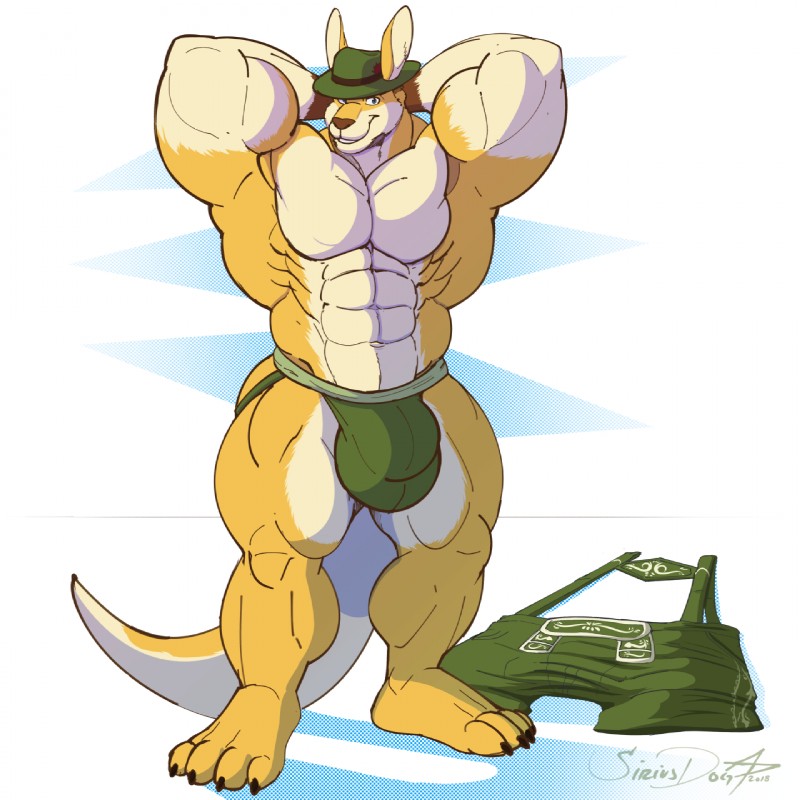 anthro big_bulge big_muscles biped bulge clothing hat headgear headwear huge_muscles jockstrap lederhosen looking_at_viewer male muscular muscular_anthro muscular_male smile solo standing underwear siriusdog al_song kangaroo macropod mammal marsupial 1:1 hi_res