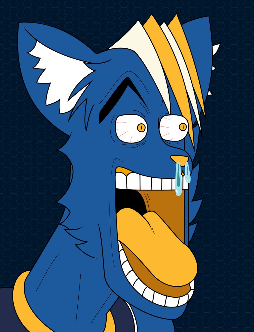 anthro blue_body blue_fur bodily_fluids bulging_eyes clothed clothing fur hexagon inner_ear_fluff male mascot open_mouth simple_background snot solo tuft redcrystal damn_daniel e621 enel_shocked_face one_piece hexerade domestic_cat felid feline felis mammal hi_res meme reaction_image