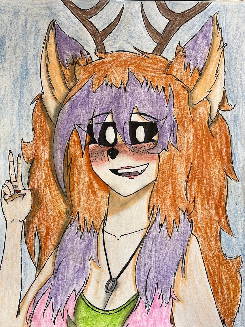 anthro antlers black_eyes black_nose blush breasts cleavage clothed clothing colored_nails crop_top dipstick_ears ear_markings eyebrow_through_hair eyebrows female freckles gesture hair hand_gesture horn inner_ear_fluff jewelry lips long_hair messy_hair multicolored_ears nails necklace ochre_hair pink_hair pupils purple_hair red_lips shirt simple_background solo topwear translucent translucent_hair tuft v_sign white_pupils wolf_ears dylanaildon_no_2 tirisk_(dylanaildon_no_2) forest_spirit humanoid mammal 3:4 colored_pencil_(artwork) hi_res traditional_media_(artwork)