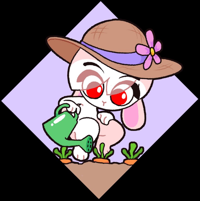 anthro big_eyes carrot clothing diamond_background female flower_on_hat food fur gardening hat headgear headwear plant purple_background red_eyes simple_background solo transparent_background vegetable watering watering_can white_body white_fur starbirbz carrots_(starbirbz) lagomorph leporid mammal rabbit 2018 alpha_channel