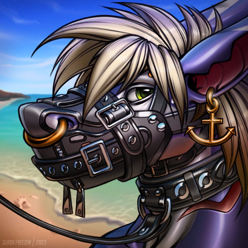 ambiguous_gender anthro bdsm beach black_collar black_leash blonde_hair blue_sky bondage bound collar cuff_(restraint) ear_piercing ear_ring eyebrow_piercing facial_piercing fully_bound gag gills glistening glistening_eyes green_eyes hair leash leather leather_cuffs looking_at_viewer male muzzle_(object) muzzled neck_gills nose_piercing nose_ring nude outside piercing purple_body red_gills restrained restraints ring_piercing seaside septum_piercing septum_ring sky solo submissive submissive_male white_body slash_freezen raditas fish marine shark 1:1 2023 artist_name bust_portrait dated portrait