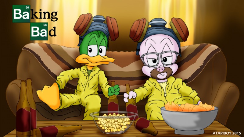 alcohol beard beer beverage bio_suit bowl chips_(food) clothing container duo eyewear facial_hair food furniture gas_mask glasses mask parody popcorn potato_chips sofa table atariboy breaking_bad tiny_toon_adventures warner_brothers hamton_j._pig jesse_pinkman plucky_duck walter_white anatid anseriform avian bird domestic_pig duck mammal suid suina sus_(pig) 16:9 2015 crossover hi_res widescreen