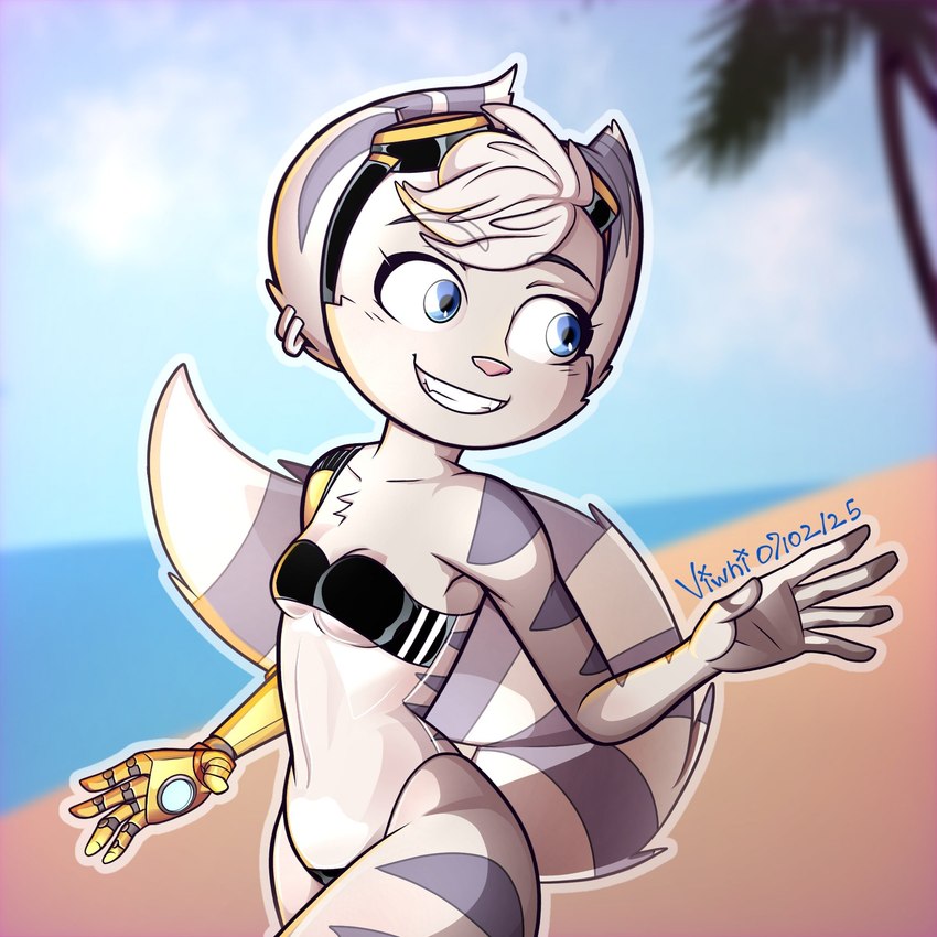 anthro bangs beach breasts clothing ear_piercing ear_ring eyewear female fur goggles mechanical_arm one-piece_swimsuit piercing ring_piercing small_breasts solo striped_body striped_fur stripes swimming_goggles swimwear tail white_body white_fur viwhi_art ratchet_and_clank sony_corporation sony_interactive_entertainment rivet_(ratchet_and_clank) lombax mammal hi_res