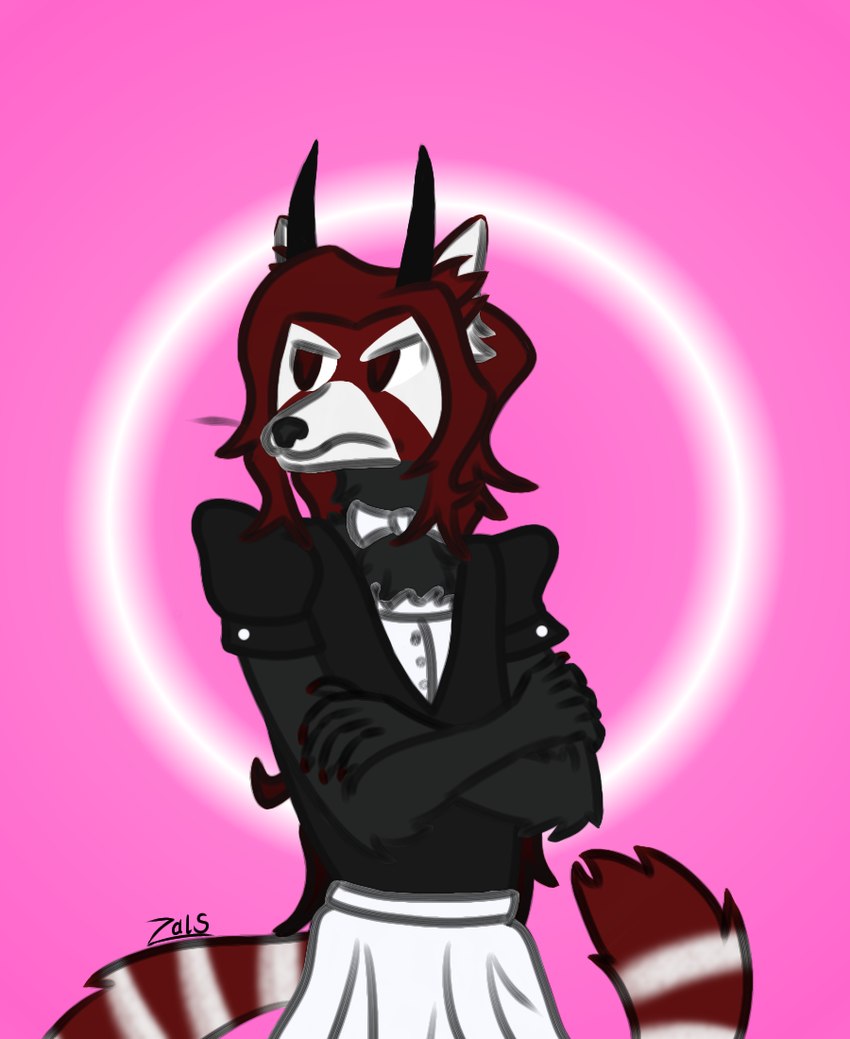 anthro black_body black_fur bow_accessory clothing fur hair horn maid_uniform male markings pink_background red_eyes red_hair simple_background solo striped_markings striped_tail stripes tail tail_markings uniform zalivkustsyganili ailurid mammal red_panda