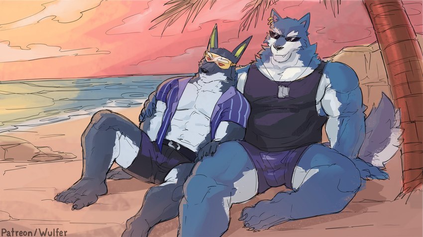 anthro beach_background clothing collar duo eyewear male male/male shirt sunglasses tank_top topwear wulfer-shepherd dislyte lilith_games freddy_(dislyte) sander_(dislyte) anubian_jackal canid canine canis jackal mammal wolf hi_res