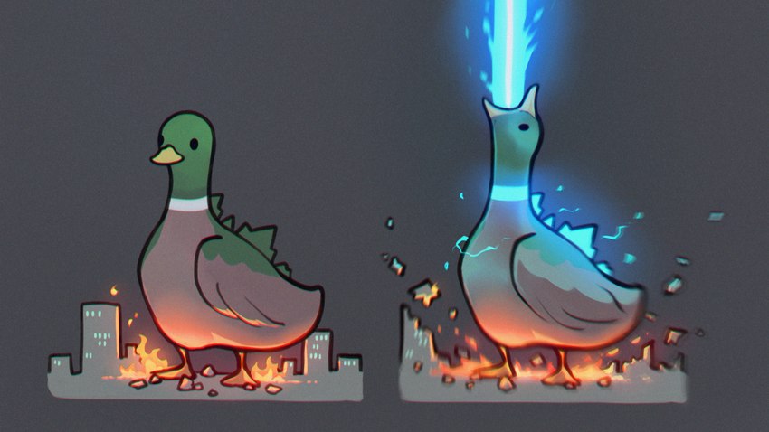 ambiguous_gender city destruction feral fire glowing macro solo neytirix godzilla_(series) toho anatid anseriform avian bird duck 16:9 2021 4k absurd_res digital_media_(artwork) hi_res video_in_description widescreen