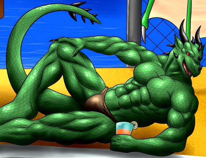 abs anthro athletic beach beverage biceps big_muscles biped bulge claws clothed clothing fangs food glass green_body green_scales grin horn iced_tea lying male muscular muscular_anthro muscular_male on_back on_side open_mouth outside pecs pose raised_leg red_eyes sand scales seaside smile solo speedo swimming_pool swimwear tail teeth tongue topless water symbolhero mythology varanis_blackclaw dragon mythological_creature mythological_scalie reptile scalie 2014