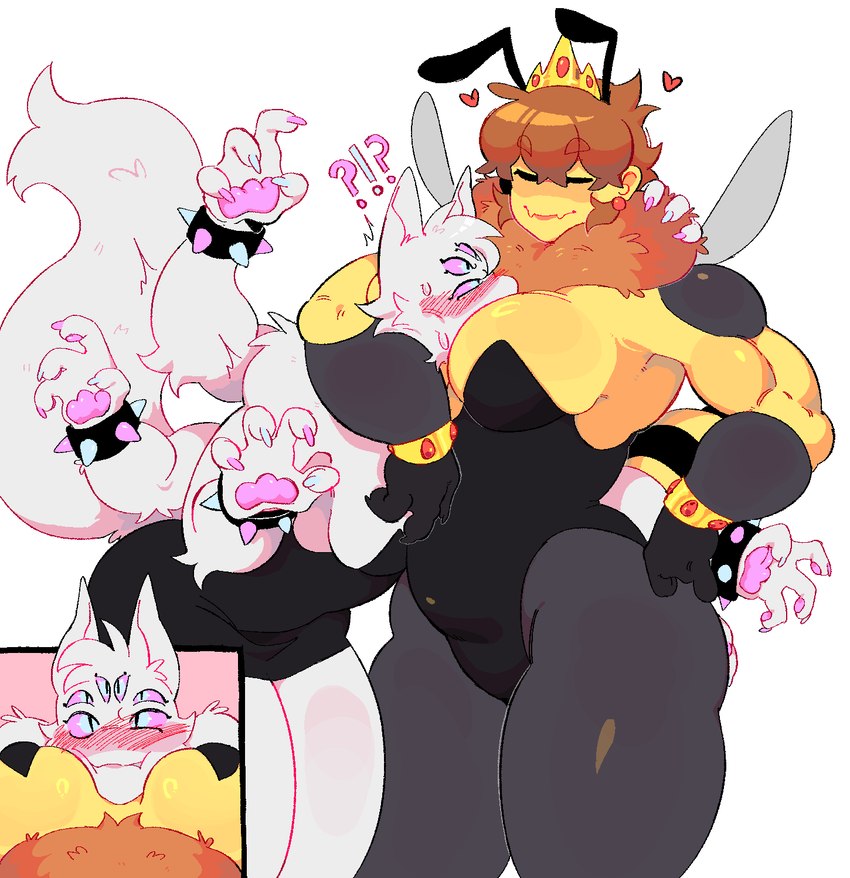 4_fingers 6_arms 6_eyes antennae_(anatomy) anthro biceps big_breasts blush breasts claws clothed clothing duo eyes_closed feet female female/female fingers fluffy fluffy_tail fur hair multi_arm multi_eye multi_limb simple_background smile tail thick_thighs toes tuft white_body white_fur yellow_body hanaarts katty_(hanaarts) krone_(hanaarts) arachnid arthropod bee demon domestic_cat felid feline felis hybrid hymenopteran insect mammal spider hi_res