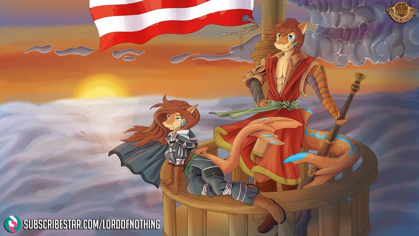 american_flag anthro boots cape clothed clothing cloud crow's_nest dark_clouds facial_markings female fin flag footwear gun hair head_markings long_hair male markings open_clothing open_shirt open_topwear ranged_weapon rifle sea ship shirt shoes sunset tail tail_markings topwear united_states_of_america vehicle water watercraft weapon lordofnothin1 fish marine shark 16:9 widescreen brother_(lore) sibling_(lore) sister_(lore)