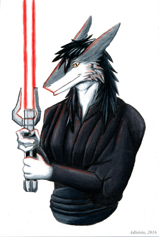 4_fingers anthro black_clothing claws clothing countershading energy_weapon fingers fur grey_body grey_claws grey_fur holding_object holding_weapon lightsaber looking_at_viewer melee_weapon multicolored_body multicolored_eyes multicolored_fur red_lightsaber robe science_fiction simple_background sith solo two_tone_body two_tone_fur weapon white_background white_body white_countershading white_fur white_hands adleisio star_wars raze sergal hi_res portrait