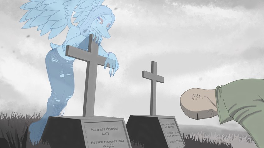 5_fingers amber_eyes amused anthro back_wings bald black_clothing blue_body bone_frill cemetery christian_cross christian_symbol christianity clothed clothing cloud cloudy_sky crop_top cross duo fangs feathered_wings feathers female fingers frill_(anatomy) fully_clothed grass_field grave green_clothing grey_hair hair long_hair male midriff mourning navel religion sad shirt sky small_tail smile smiling_at_another snout tail teeth text tombstone topwear torn_clothing torn_shirt torn_topwear translucent translucent_body wings unknown_artist cavemanon_studios goodbye_volcano_high snoot_game anon_(snoot_game) fang_(gvh) ghost human mammal prehistoric_species pterodactylus pterosaur reptile scalie spirit 16:9 2024 digital_drawing_(artwork) digital_media_(artwork) english_text hi_res restricted_palette widescreen