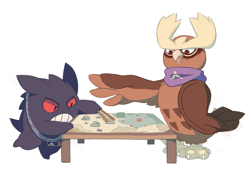 ambiguous_gender beak chain duo feathered_wings feathers furniture map scarf simple_background table teeth wings salanchu nintendo pokemon avian bird generation_1_pokemon generation_2_pokemon gengar noctowl pokemon_(species) 2016 digital_drawing_(artwork) digital_media_(artwork) hi_res signature