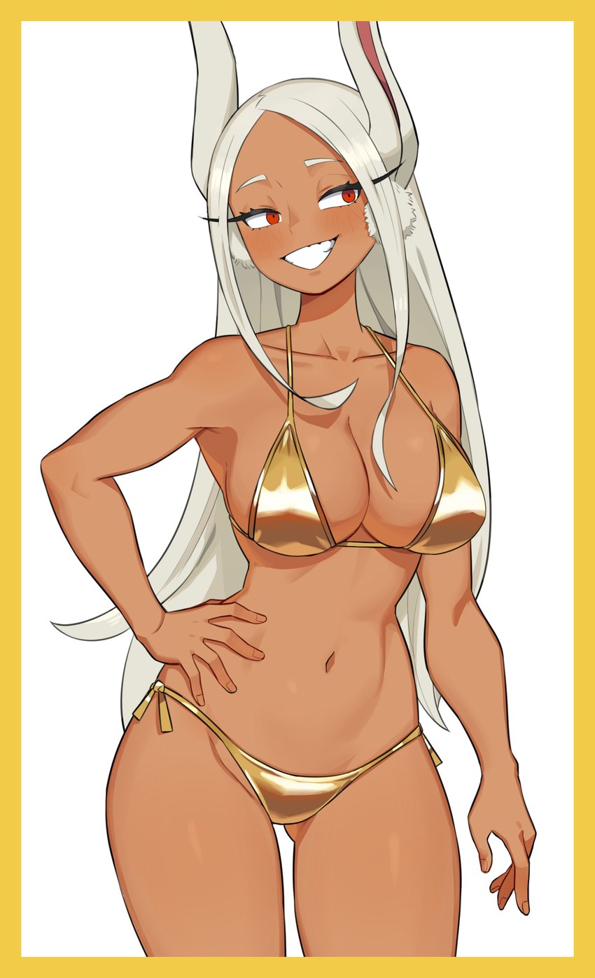 animal_ears big_breasts blush blush_lines border breasts dark_body dark_skin eyelashes female front_view fur gold_swimwear grey_body grey_fur grey_hair hair hand_on_hip long_hair navel red_eyes simple_background smile solo thick_thighs white_background wide_hips yellow_border flowerpigeon73 my_hero_academia rumi_usagiyama animal_humanoid humanoid lagomorph lagomorph_humanoid leporid_humanoid mammal mammal_humanoid rabbit_humanoid hi_res