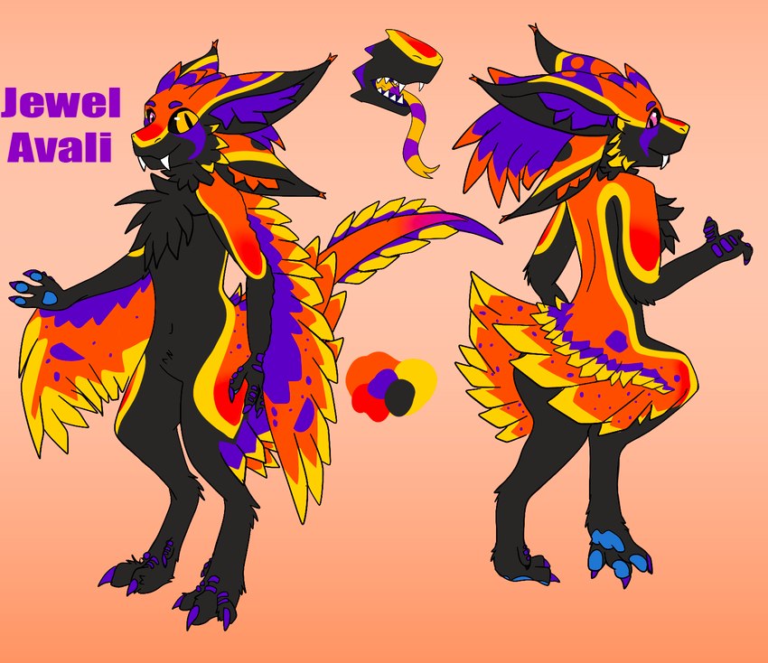 4_ears anthro black_body chest_tuft digitigrade fangs feathered_wings feathers forked_tongue fur highlights_(coloring) inner_ear_fluff javali long_ears long_tongue male multi_ear multicolored_body multicolored_feathers multicolored_fur orange_body purple_highlights teeth tongue tuft wings anonymous_artist jewel_asf avali avian bird dinosaur dromaeosaurid prehistoric_species reptile scalie theropod hi_res model_sheet