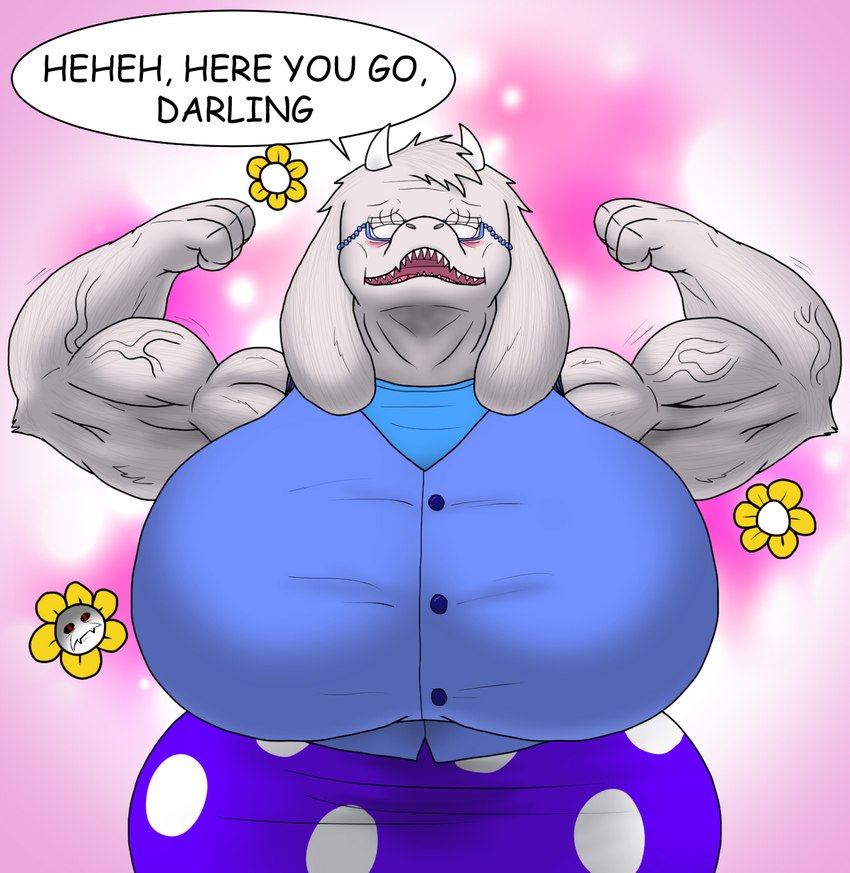 anthro big_breasts breasts clothed clothing elderly_female eyewear female flexing flower glasses huge_breasts muscular muscular_female plant solo text wearing_glasses wide_hips alythewolfcat undertale undertale_(series) flowey_the_flower toriel boss_monster_(undertale) bovid caprine goat mammal english_text hi_res