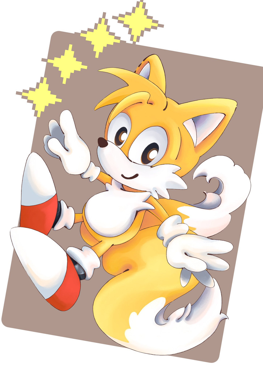 2_tails anthro black_eyes clothing dipstick_tail footwear fur gloves handwear male markings multi_tail multicolored_tail shoes simple_background smile solo sparkles tail tail_markings white_body white_fur yellow_body yellow_fur mennnntaiko classic_sonic_(universe) sega sonic_the_hedgehog_(series) classic_tails miles_prower canid canine fox mammal 2019 hi_res