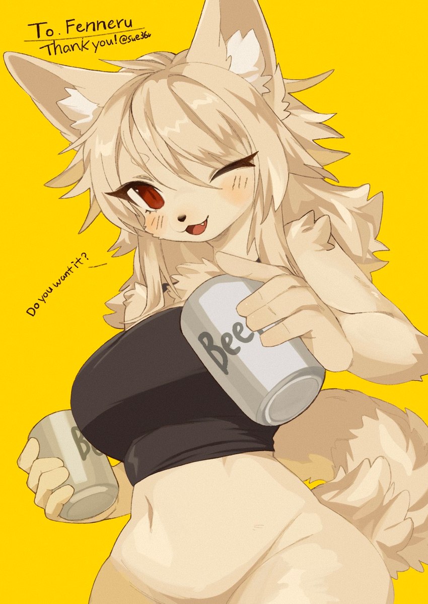 alcohol anthro arm_tuft beer beverage beverage_can big_breasts big_eyes biped black_clothing black_shirt black_topwear blush bottomless bottomless_anthro bottomless_female breasts can clothed clothing container crop_top cute_fangs dialogue fangs female female_anthro fingers fluffy fluffy_tail fur hair holding_beer holding_beverage holding_object inner_ear_fluff kemono looking_at_viewer navel neck_tuft offering_beverage offering_to_viewer one_eye_closed open_mouth reaching_towards_viewer red_eyes shirt simple_background small_waist solo standing tail talking_to_viewer tan_body tan_fur tan_hair teeth text tongue topwear tuft wide_hips wink yellow_background sue36v canid canine fennec_fox fox mammal true_fox 2024 artist_name commissioner_name digital_media_(artwork) english_text half-length_portrait hi_res portrait