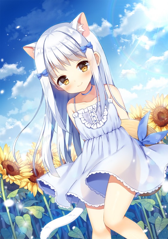 accessory amber_eyes bow_(feature) bow_accessory bow_ribbon choker clothed clothing cloud dress female flower hair hair_accessory hair_bow hair_ribbon jewelry necklace outside plant ribbons sky smile solo sun sundress sunflower white_hair young mauve_(artist) animal_humanoid cat_humanoid felid felid_humanoid feline feline_humanoid humanoid mammal mammal_humanoid 2019 hi_res