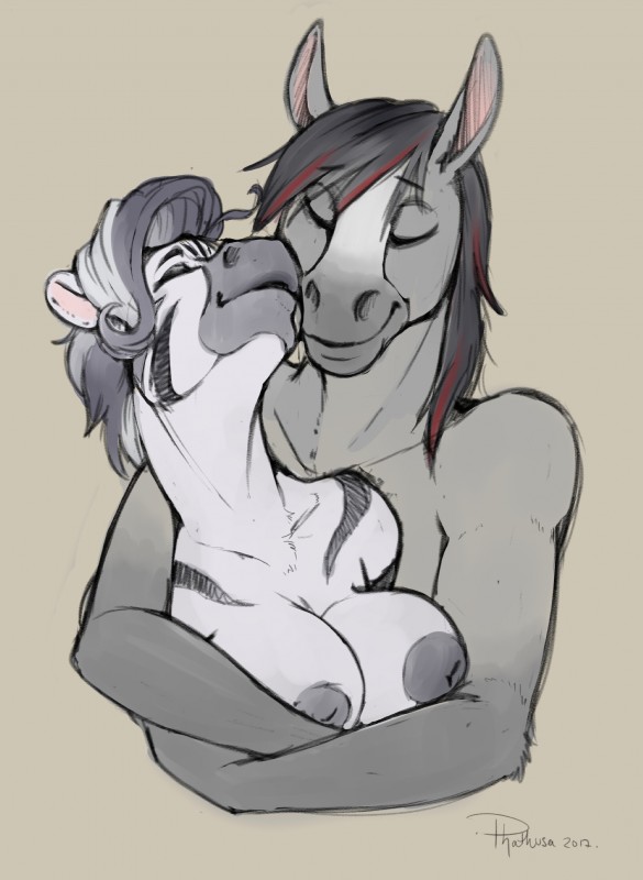 anthro areola breasts duo female hug male nipples romantic romantic_couple stripes phathusa hasbro my_little_pony crimson_storm fan_character izzabelle_frost equid equine horse mammal pony zebra 2017 absurd_res hi_res