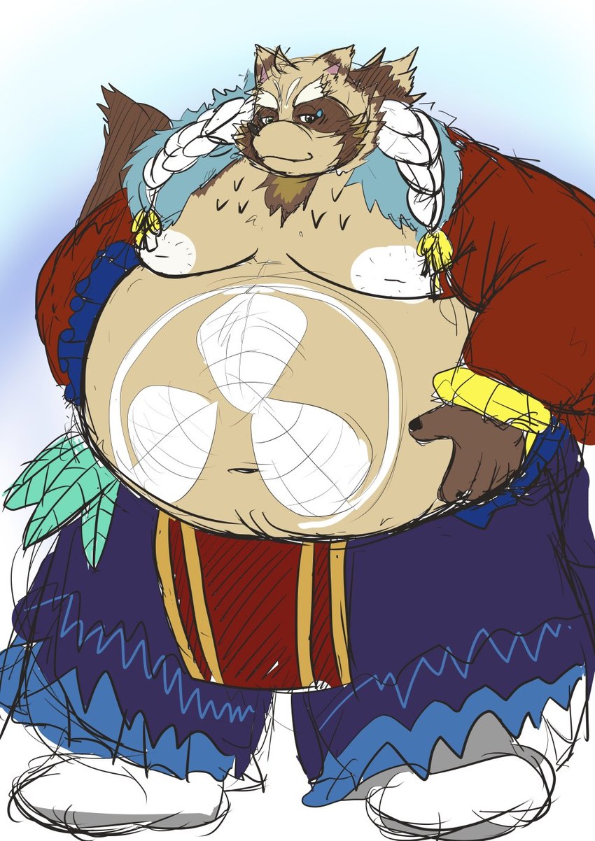 anthro belly big_belly bottomwear brown_body clothing humanoid_hands kemono male moobs nipples obese obese_male overweight overweight_male pants solo mametanu_tanuki sengoku_puzzle tokugawa_iemitsu canid canine mammal raccoon_dog tanuki 2021 hi_res