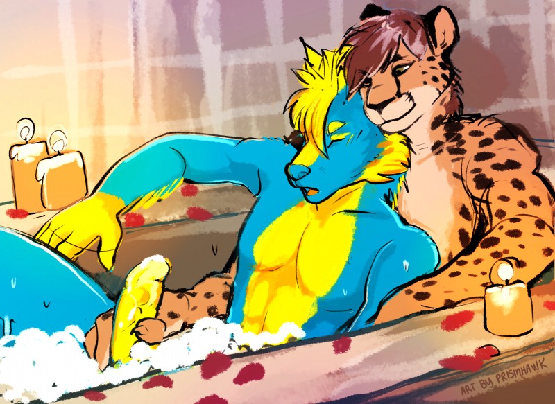 anthro anthro_on_anthro bubble bubble_bath candle duo genitals handjob looking_pleasured male male/male penile penis reach_around romantic romantic_ambiance sex prismhawk xaiphafonese zenoth cheetah chipsune felid feline king_cheetah mammal absurd_res hi_res