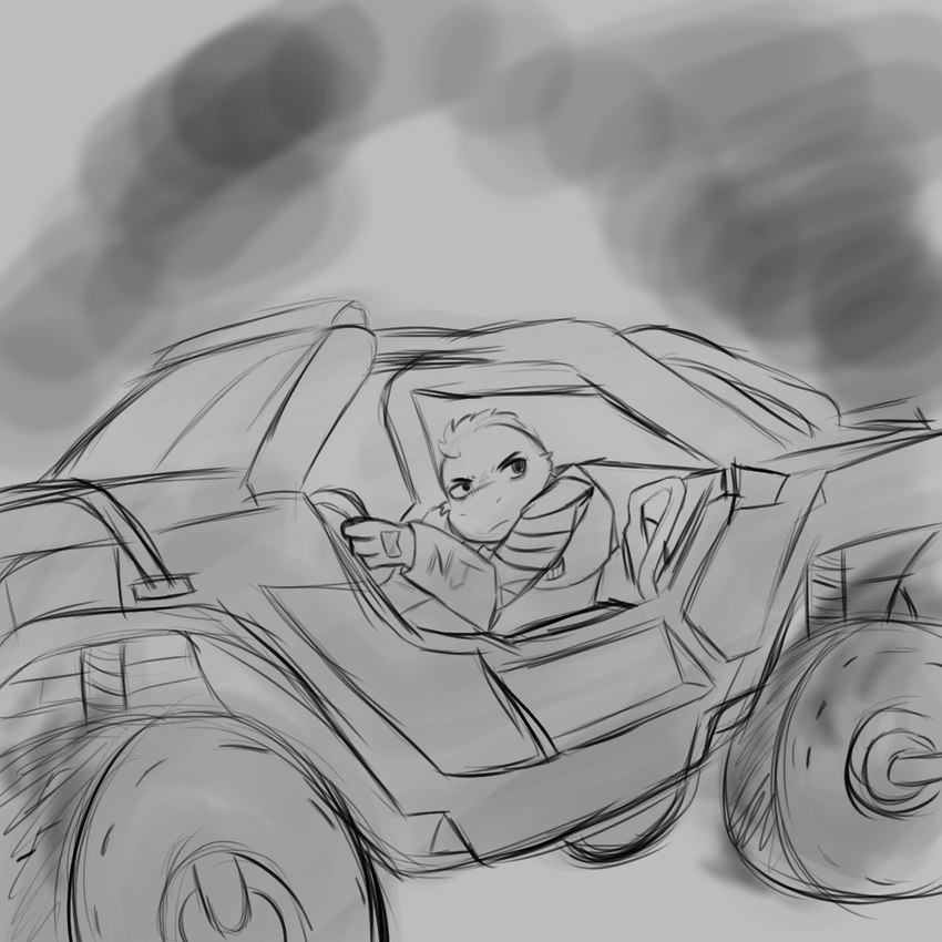 anthro armor drifting driving female frown mohawk scowl solo warthog_vehicle_(halo) templar_ponyboy agent_new_jersey_(chupa) chupadore 1:1 2023 hi_res monochrome